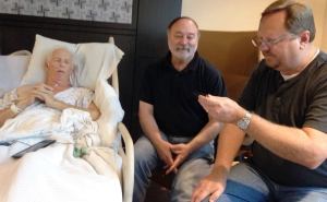 Joseph Tkach (center) and Rick Shallenberger (right) recently visited John (at left)