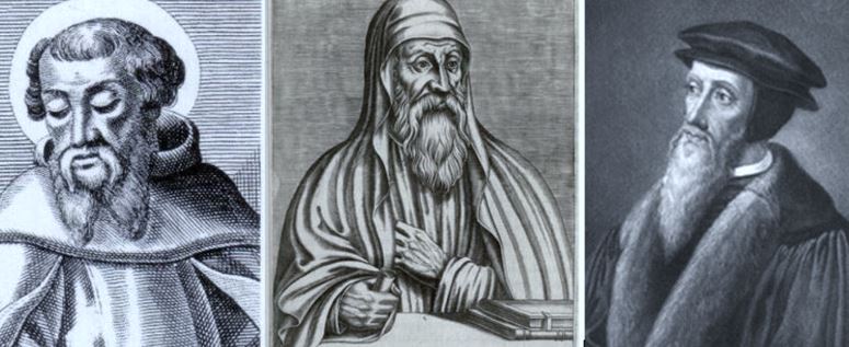 L to R: Irenaeus, Origen and Calvin (public domain)